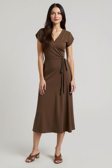 Brown A Line V-Neck Midi Wedding Guest Dress